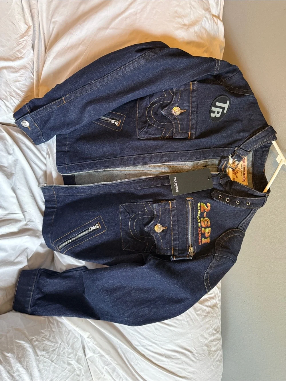 True Religion Dark Blue Denim Jacket with Embroidered Accents